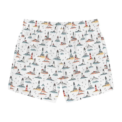 Lighthouse-patterned boxer shorts from Nautical Lighthouse Swim Trunks for summer adventures