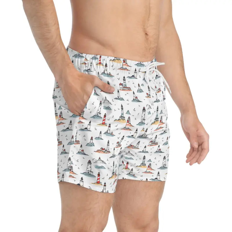 Nautical Lighthouse Swim Trunks featuring a lighthouse pattern for summer adventures