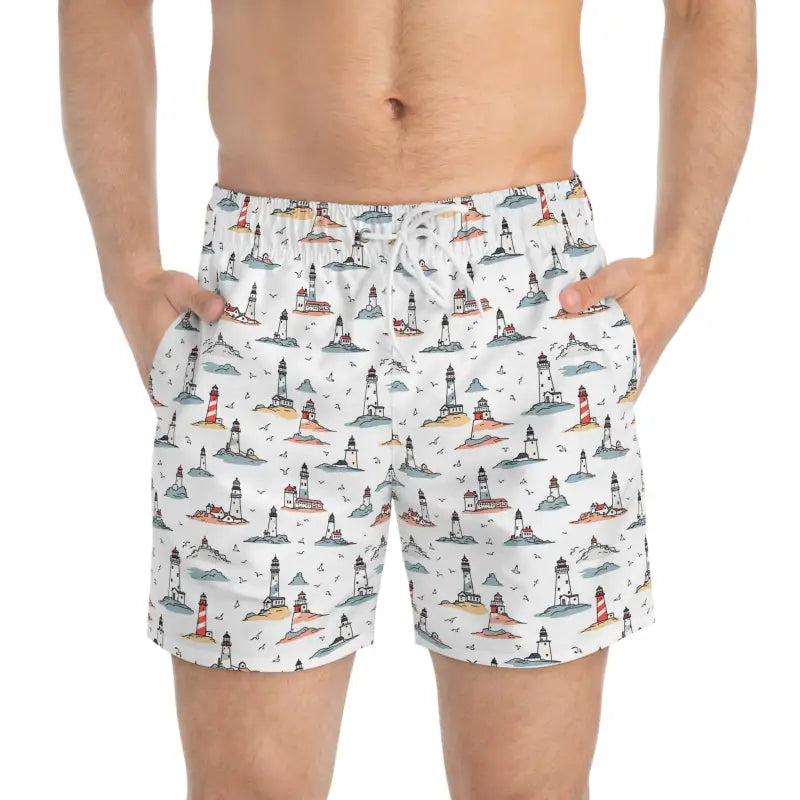 Men’s lighthouse-patterned swim trunks from Nautical Lighthouse Swim Trunks for Summer Adventures
