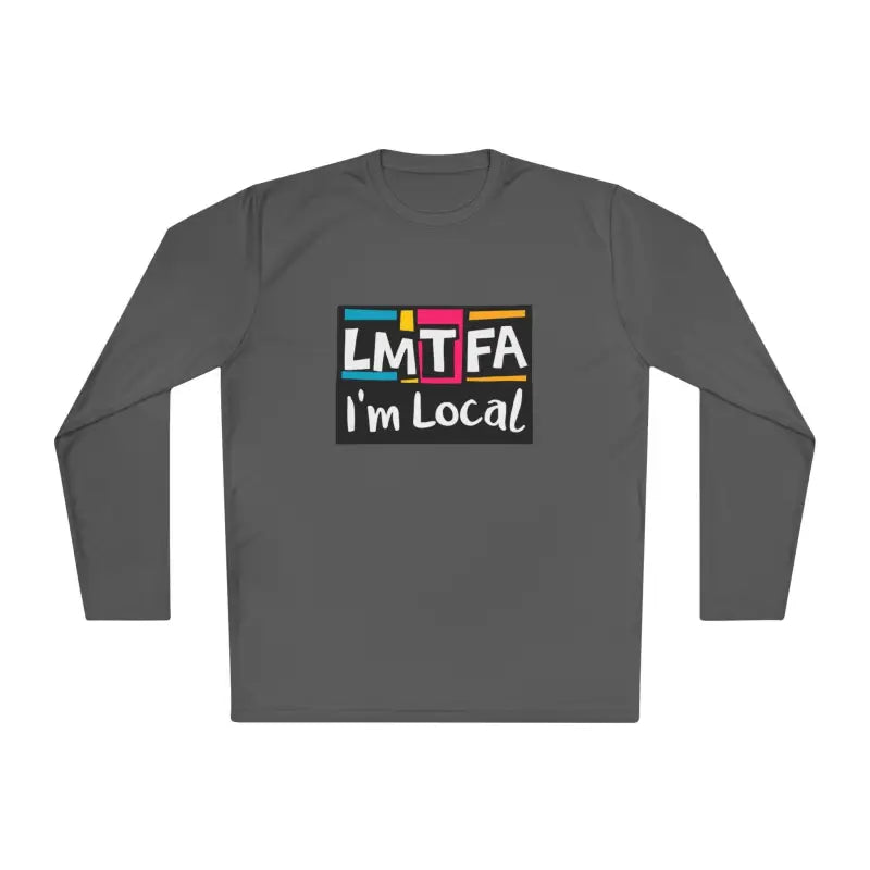 Gray long-sleeved shirt from LMTFA I’m Local Long Sleeve Tee in Purple Blue and Gray
