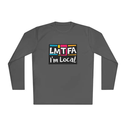 Gray long-sleeved shirt from LMTFA I’m Local Long Sleeve Tee in Purple Blue and Gray