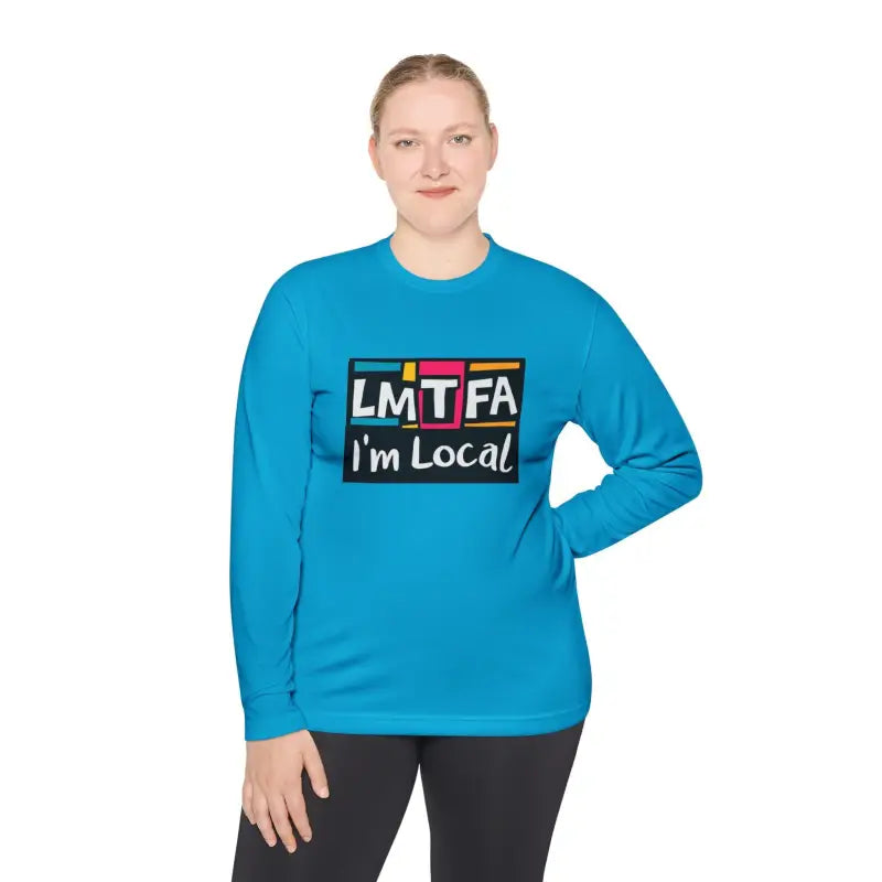 Blue long-sleeved shirt from LMTFA I’m Local Long Sleeve Tee in Purple Blue and Gray