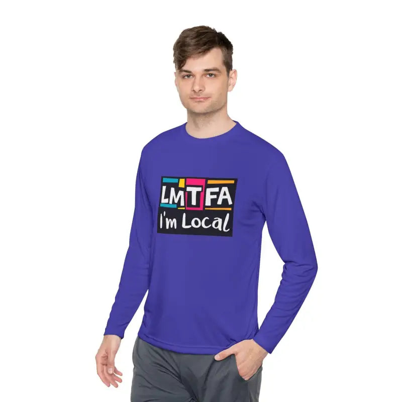 Purple long-sleeved shirt from LMTFA I’m Local Long Sleeve Tee in Purple Blue and Gray