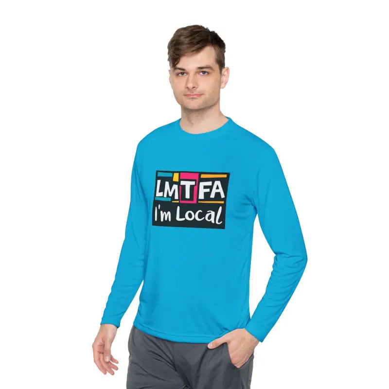 Blue long-sleeved shirt from LMTFA I’m Local Long Sleeve Tee in Purple Blue and Gray