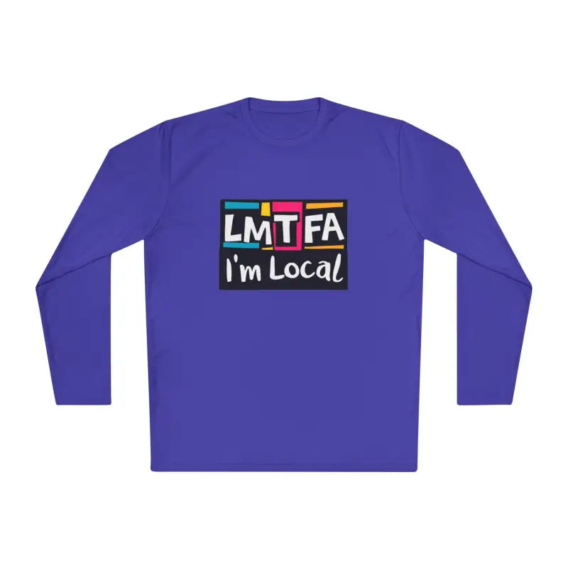 Purple long-sleeved shirt from LMTFA I’m Local Long Sleeve Tee in Purple Blue and Gray