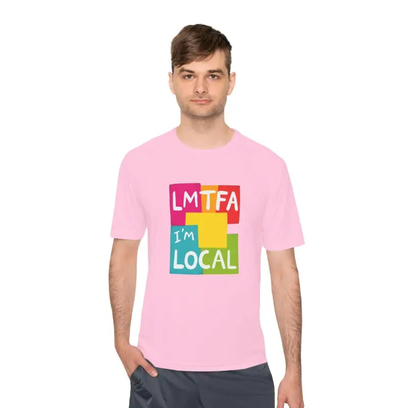 Pink t-shirt featuring a colorful graphic for Local Community Moisture Wicking T Shirt