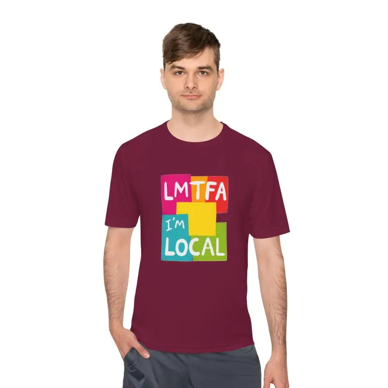 Maroon t-shirt featuring a colorful graphic from Local Community Moisture Wicking collection