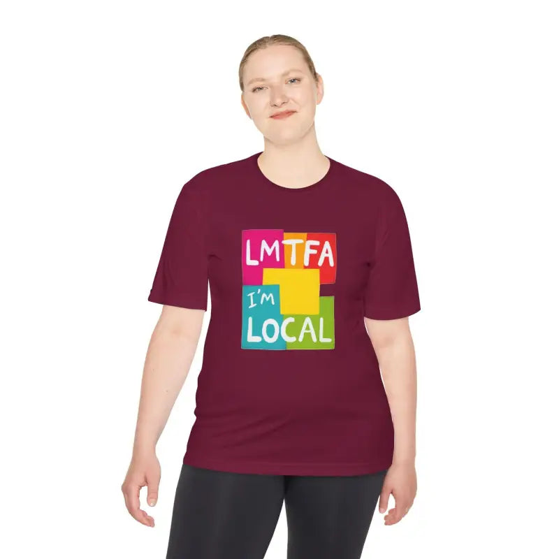 Maroon t-shirt featuring a colorful graphic from the Local Community collection
