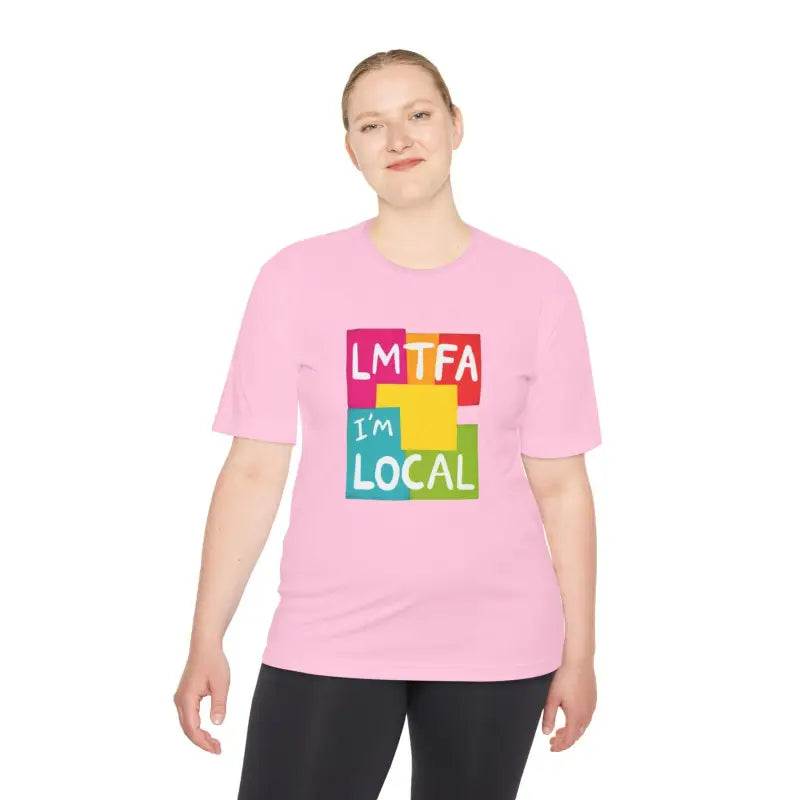 Pink moisture-wicking t-shirt featuring a vibrant graphic for community support