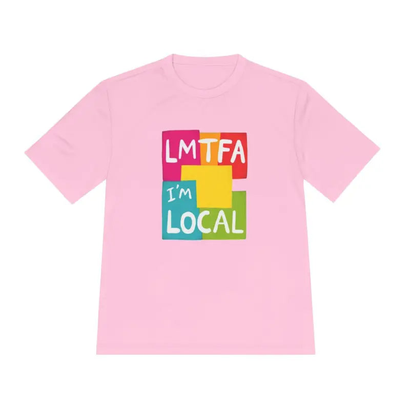 Pink moisture-wicking T-shirt with colorful graphic for Local Community apparel