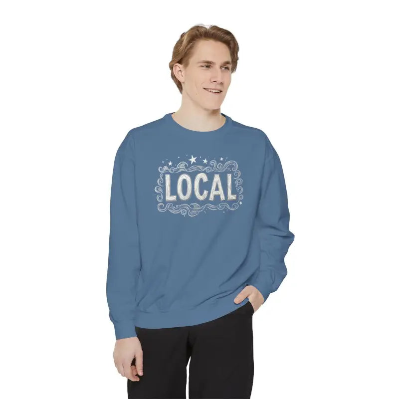 Blue sweatshirt featuring LOCAL design from Local Stars Unisex Sweatshirt collection