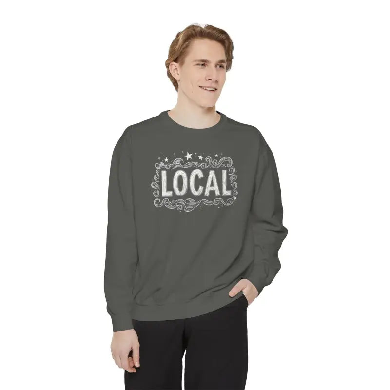 Gray sweatshirt featuring LOCAL design from the Local Stars Unisex Sweatshirt collection