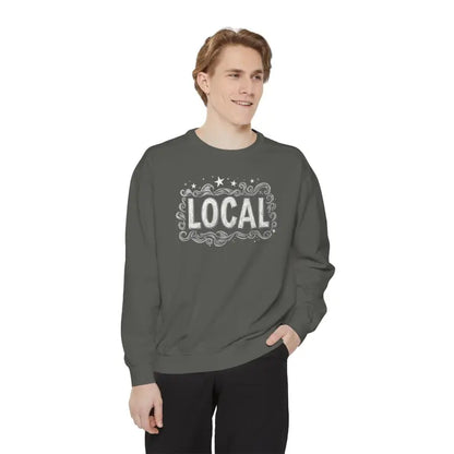 Gray sweatshirt featuring LOCAL design from the Local Stars Unisex Sweatshirt collection