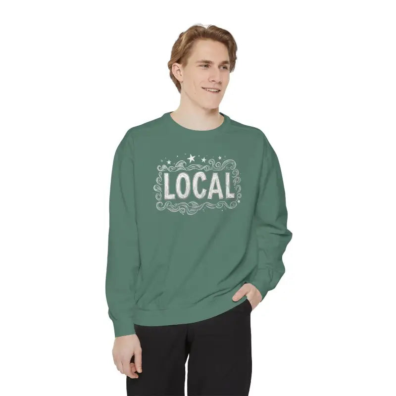 Green sweatshirt featuring LOCAL design from Local Stars Unisex Sweatshirt collection