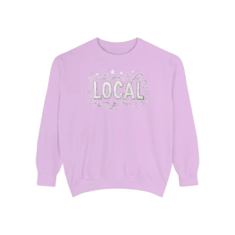 Lavender Local Stars Unisex Sweatshirt featuring a bold LOCAL graphic design