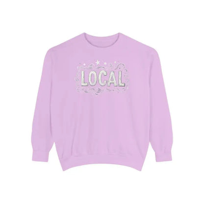 Lavender Local Stars Unisex Sweatshirt featuring a bold LOCAL graphic design
