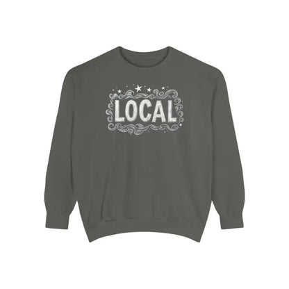 Gray Local Stars Unisex Sweatshirt featuring a bold LOCAL graphic design