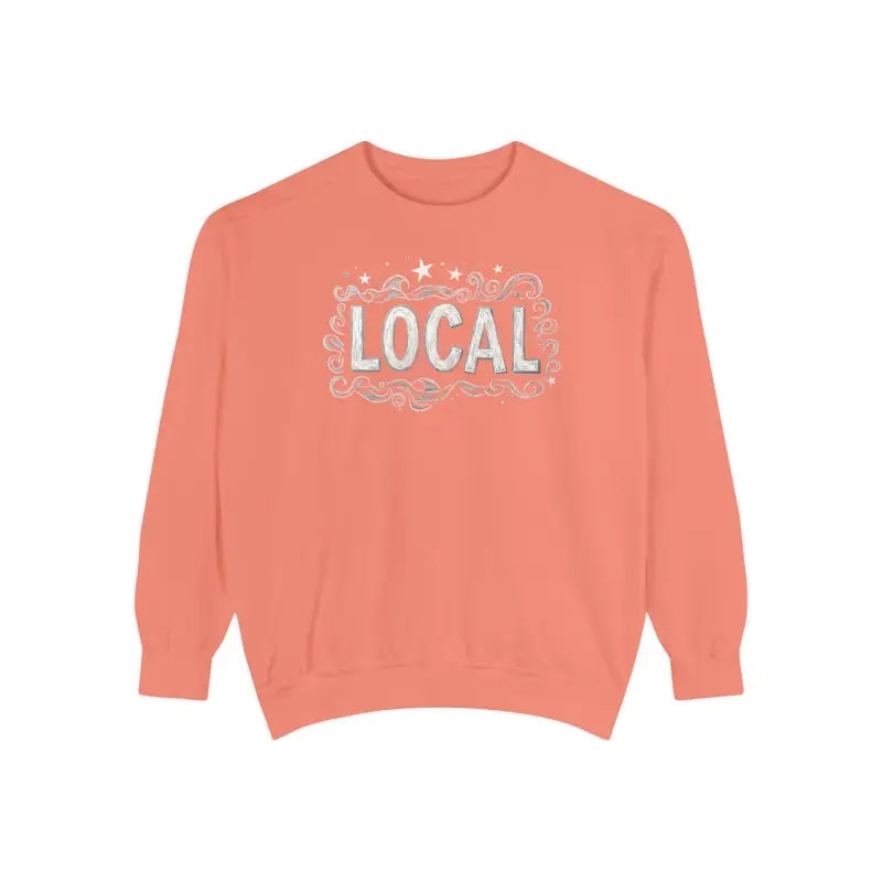 Salmon-colored Local Stars Unisex Sweatshirt featuring bold LOCAL graphic design