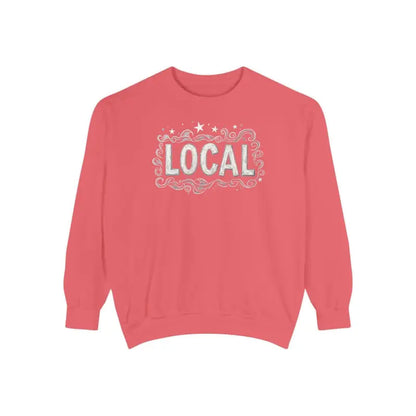 Salmon-colored Local Stars Unisex Sweatshirt featuring bold LOCAL graphic design