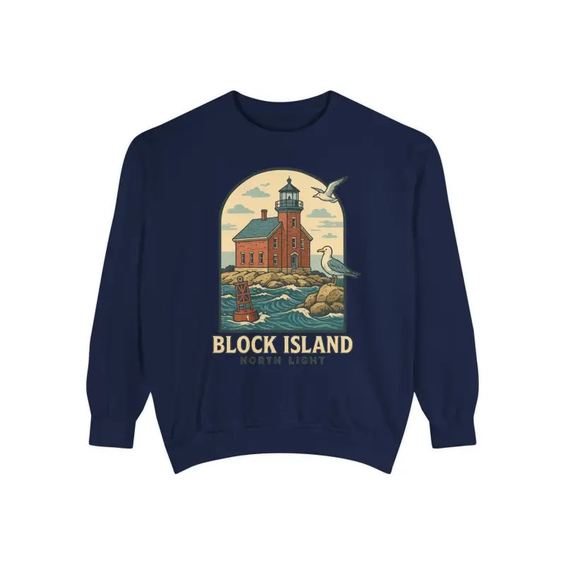 Navy blue long-sleeved sweatshirt with lighthouse and ocean graphic for nautical style