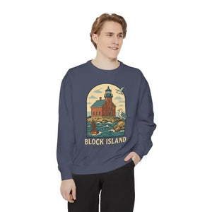 Man wearing navy blue long-sleeve sweatshirt with lighthouse and seagulls graphic