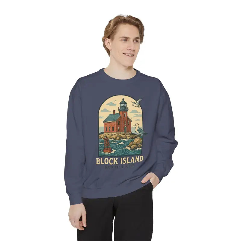 Man wearing navy blue long-sleeve sweatshirt with lighthouse and seagulls graphic