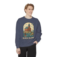 Man wearing navy blue long-sleeve sweatshirt with lighthouse and seagulls graphic