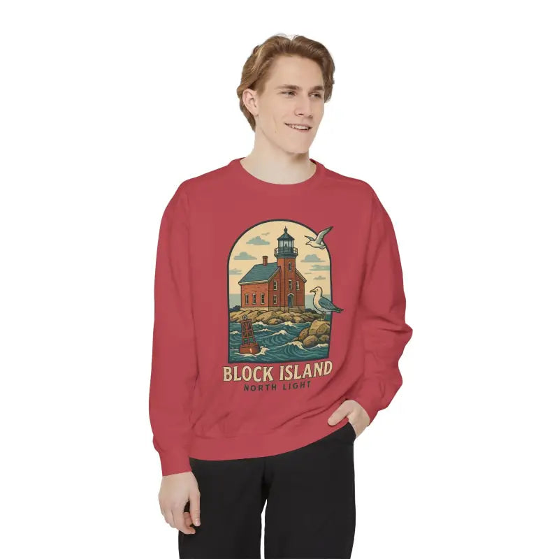 Red Long Sleeve Crewneck Sweatshirt with Lighthouse and Seagulls Graphic and BLOCK ISLAND NORTH LIGHT text