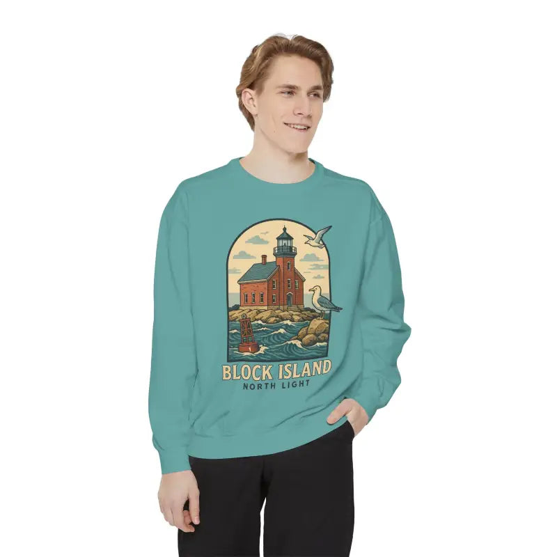 Light blue long-sleeve crewneck sweatshirt with lighthouse and seagulls graphic