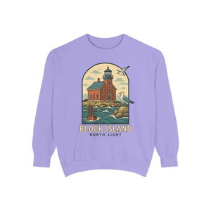 Purple long-sleeve crewneck sweatshirt with lighthouse, buoy, and seagulls graphic