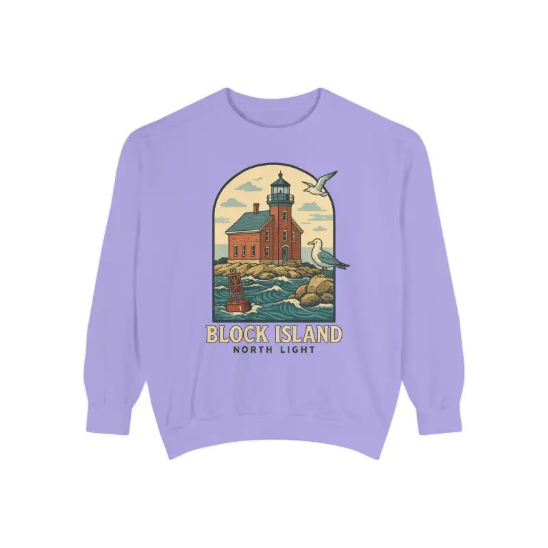 Purple long-sleeve crewneck sweatshirt with lighthouse, buoy, and seagulls graphic