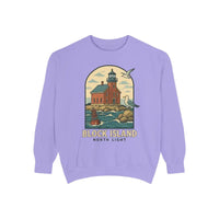 Purple long-sleeve crewneck sweatshirt with lighthouse, buoy, and seagulls graphic