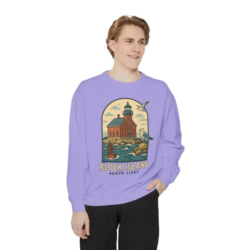Purple crewneck sweatshirt with Block Island North Light lighthouse and seagulls graphic
