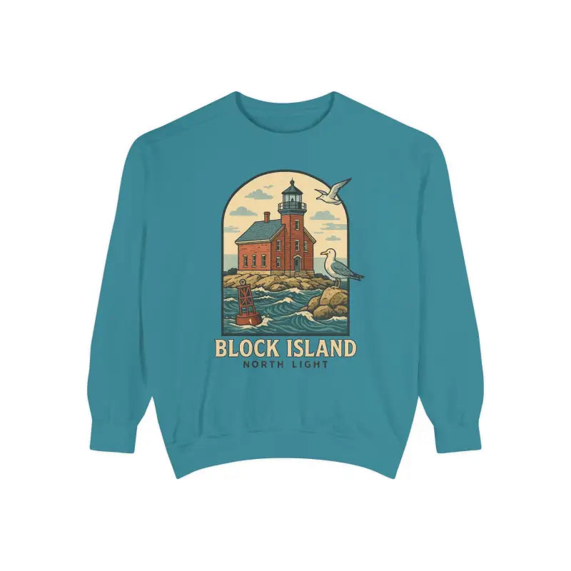 Teal long-sleeved crewneck sweatshirt with lighthouse and seagulls graphic