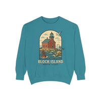 Teal long-sleeved crewneck sweatshirt with lighthouse and seagulls graphic