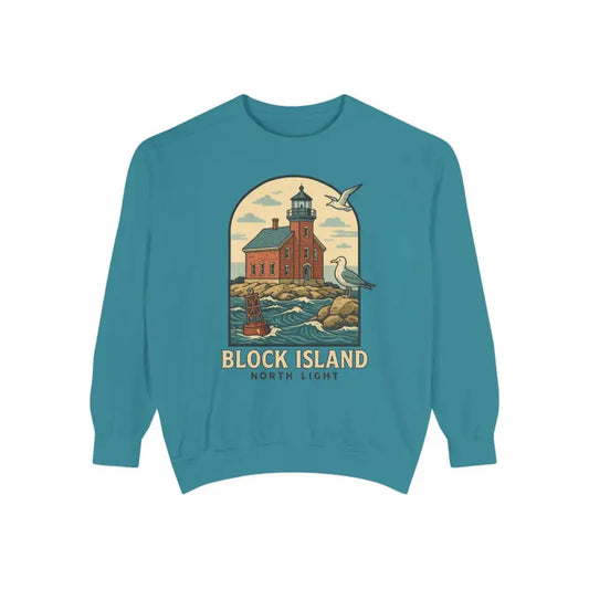 Teal long-sleeved crewneck sweatshirt with lighthouse and seagulls graphic