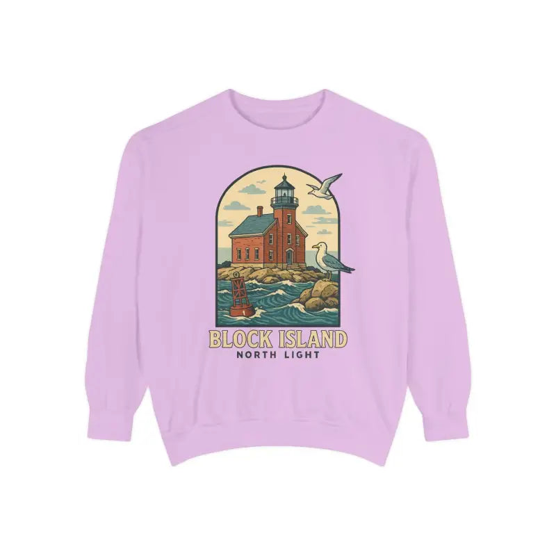 Light purple long-sleeved sweatshirt with lighthouse and seagull graphic for casual wear