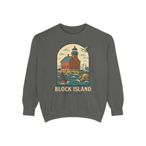 Gray long-sleeve crewneck sweatshirt with lighthouse and seagull graphic for casual wear