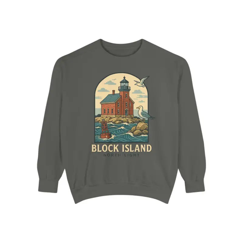 Gray long-sleeve crewneck sweatshirt with lighthouse and seagull graphic for casual wear