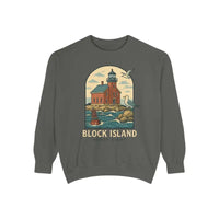 Gray long-sleeve crewneck sweatshirt with lighthouse and seagull graphic for casual wear