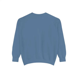 Plain blue crewneck sweatshirt with lighthouse and seagulls graphic design