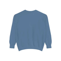 Plain blue crewneck sweatshirt with lighthouse and seagulls graphic design