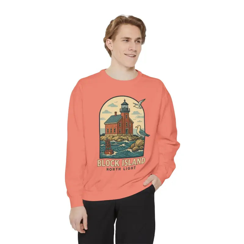 Coral crewneck sweatshirt with colorful lighthouse, ocean, and seagull graphic design
