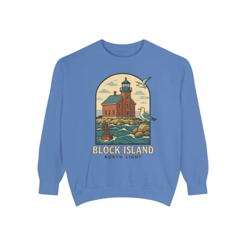 Periwinkle blue long-sleeve crewneck sweatshirt with lighthouse, ocean, and seagull graphic