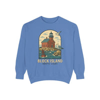 Periwinkle blue long-sleeve crewneck sweatshirt with lighthouse, ocean, and seagull graphic