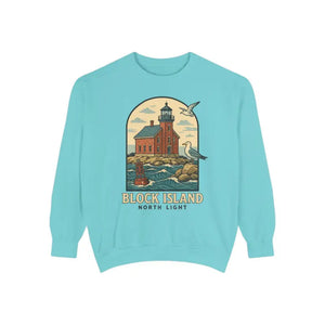 Aqua blue long sleeve crewneck sweatshirt with lighthouse and seagull graphic