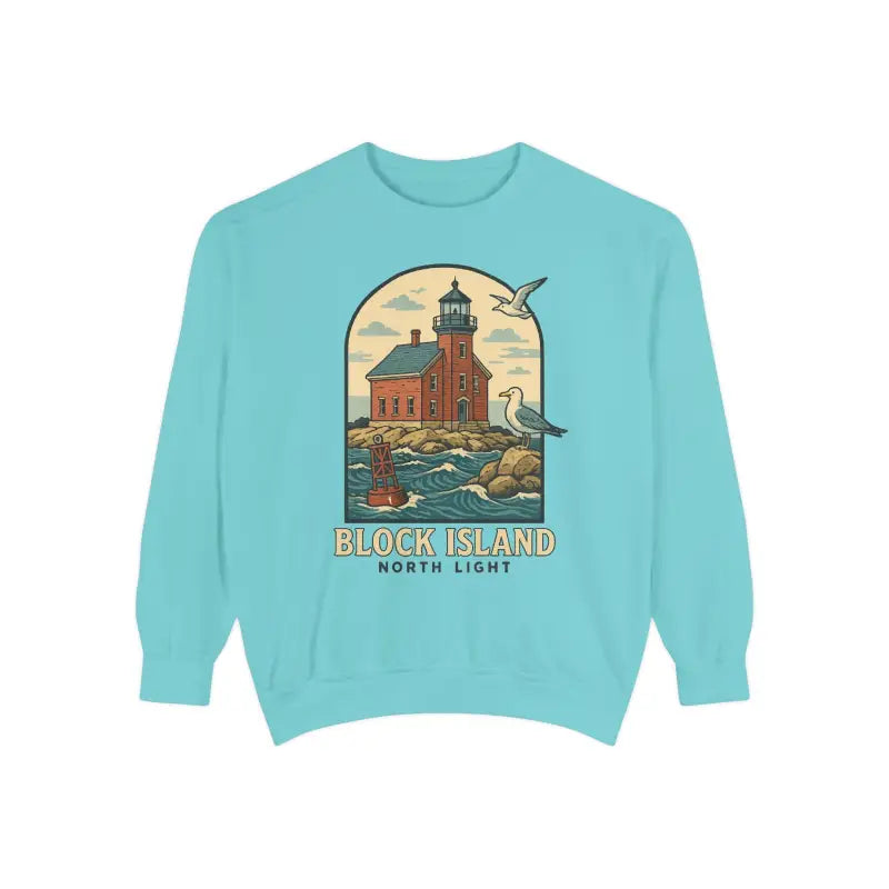 Aqua blue long sleeve crewneck sweatshirt with lighthouse and seagull graphic