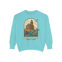 Aqua blue long sleeve crewneck sweatshirt with lighthouse and seagull graphic