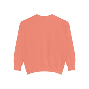 Plain coral-colored crewneck sweatshirt with lighthouse and seagulls graphic design