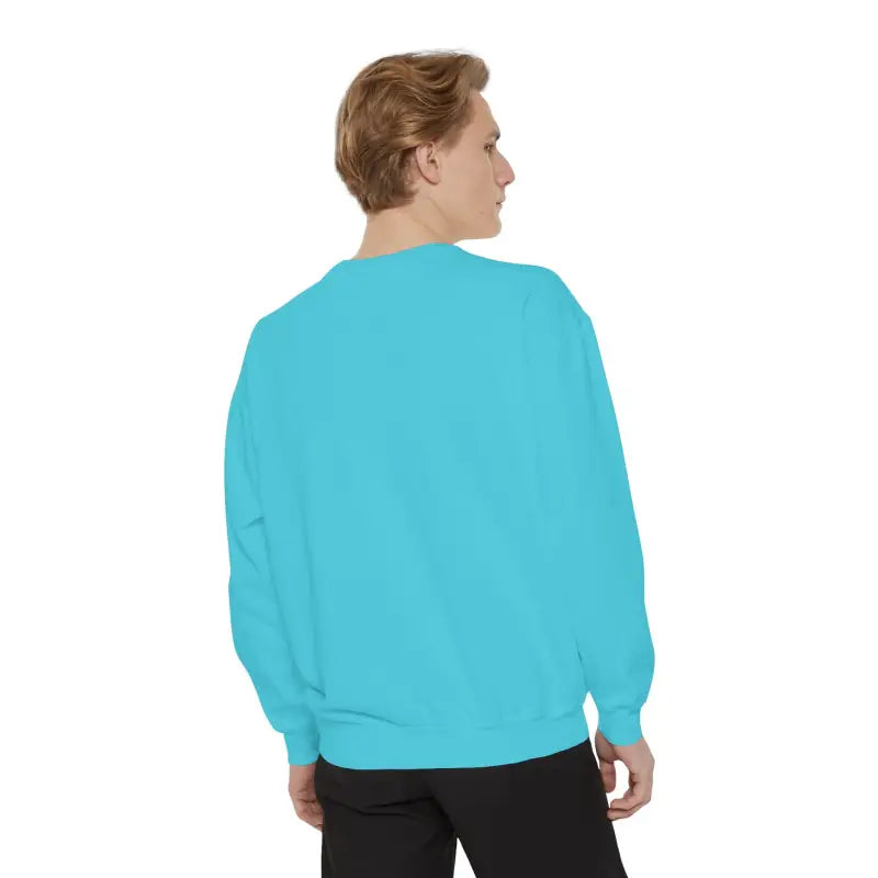 Light blue crewneck sweatshirt with Lighthouse and Seagulls graphic worn by a person